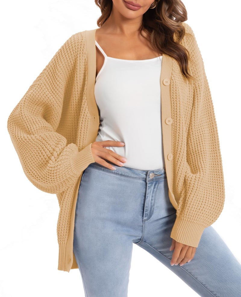 QUALFORT Women's Cardigan Sweaters for Women 100% Cotton Button-Down Long Sleeve Oversized Knit Coatigan Jackets Beige XXX-Large - Image 1